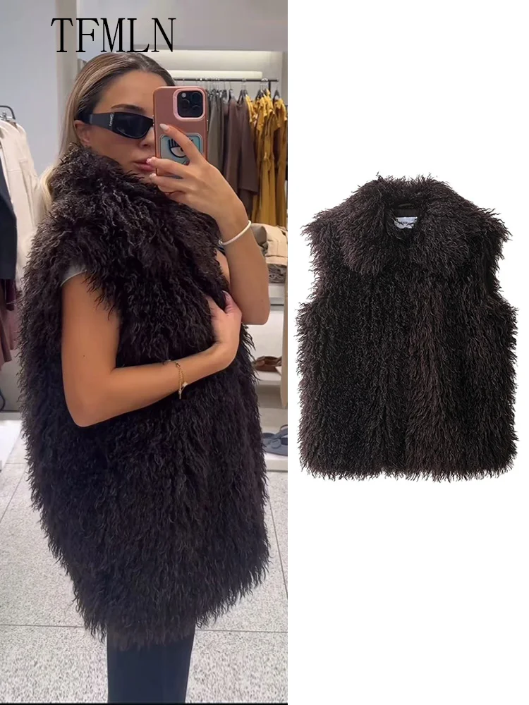 

Luxury Women Loose Faux Fur Vest Coats 2025 Autumn Fashion Lapel Sleeveless Solid Causal Chic Jacket Vingae Lady Street Outwear