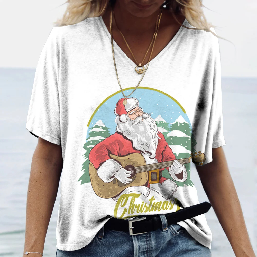 Fashions Merry Christmas Womens Short Sleeved V-Neckt-Shirt Christmas Tree Santa Claus Letter Print Womens Clothing Cute Kawaii