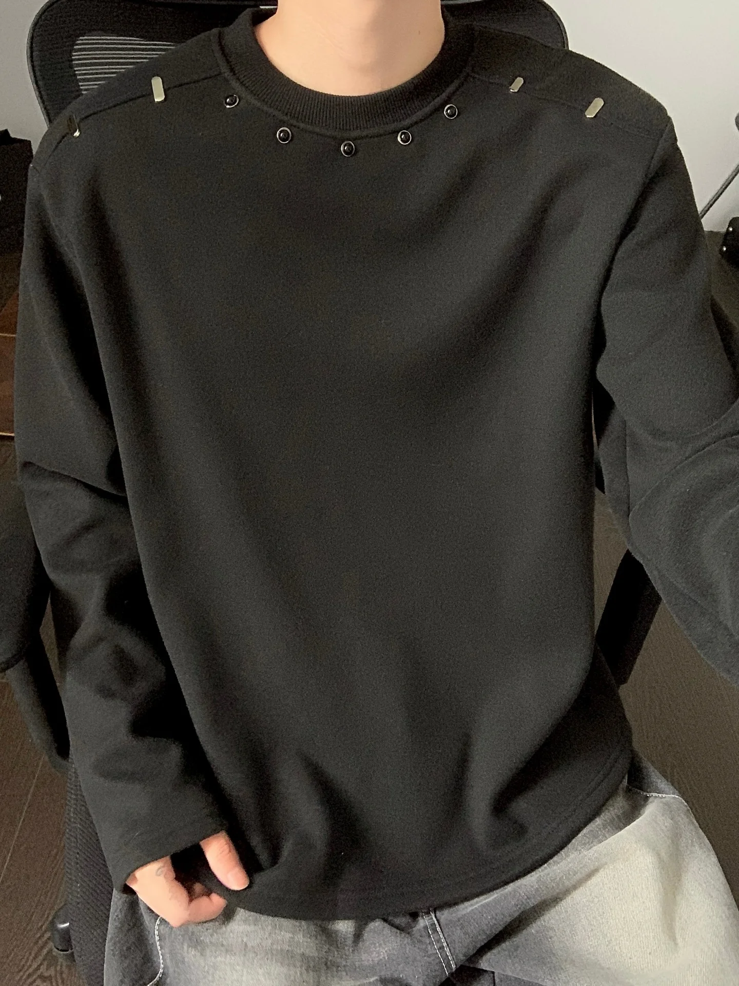 Metallic Long Sleeve T-Shirt Men's American Simple High-End round Neck Casual Sport Top Decomposition Design Youth Fashion