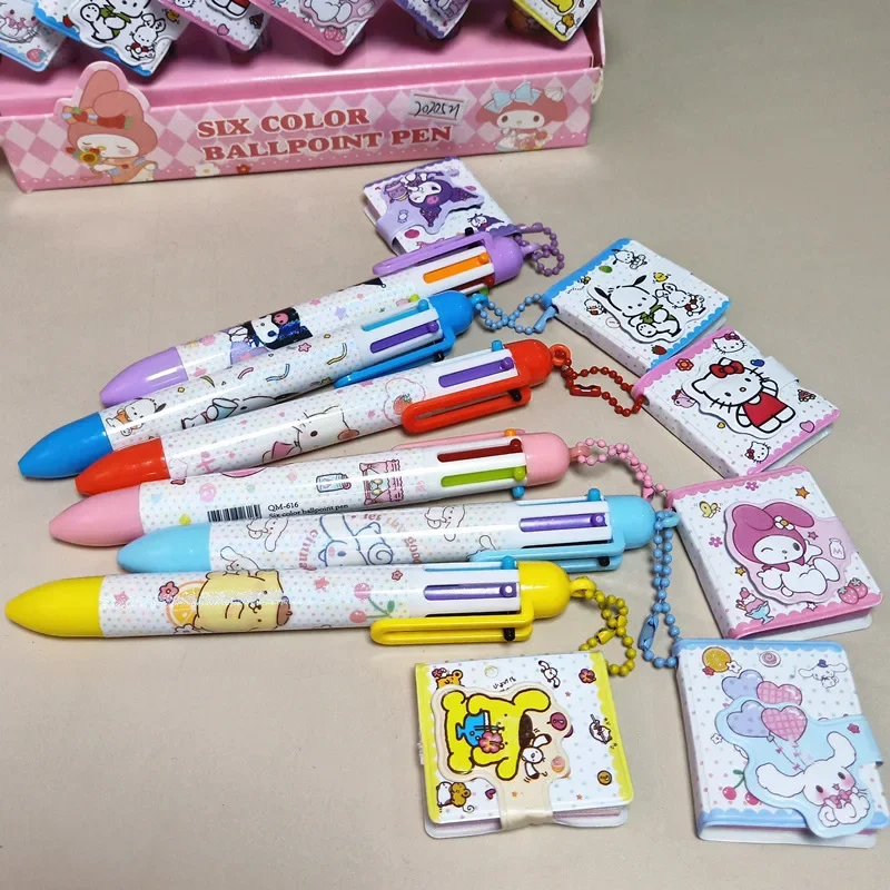 Sanrio 12/36pcs Ballpoint Pen 6-color Marker Kuromi Melody Cinnamoroll Creative Mini Notebook Pendant Pens Kid Stationery Gifts