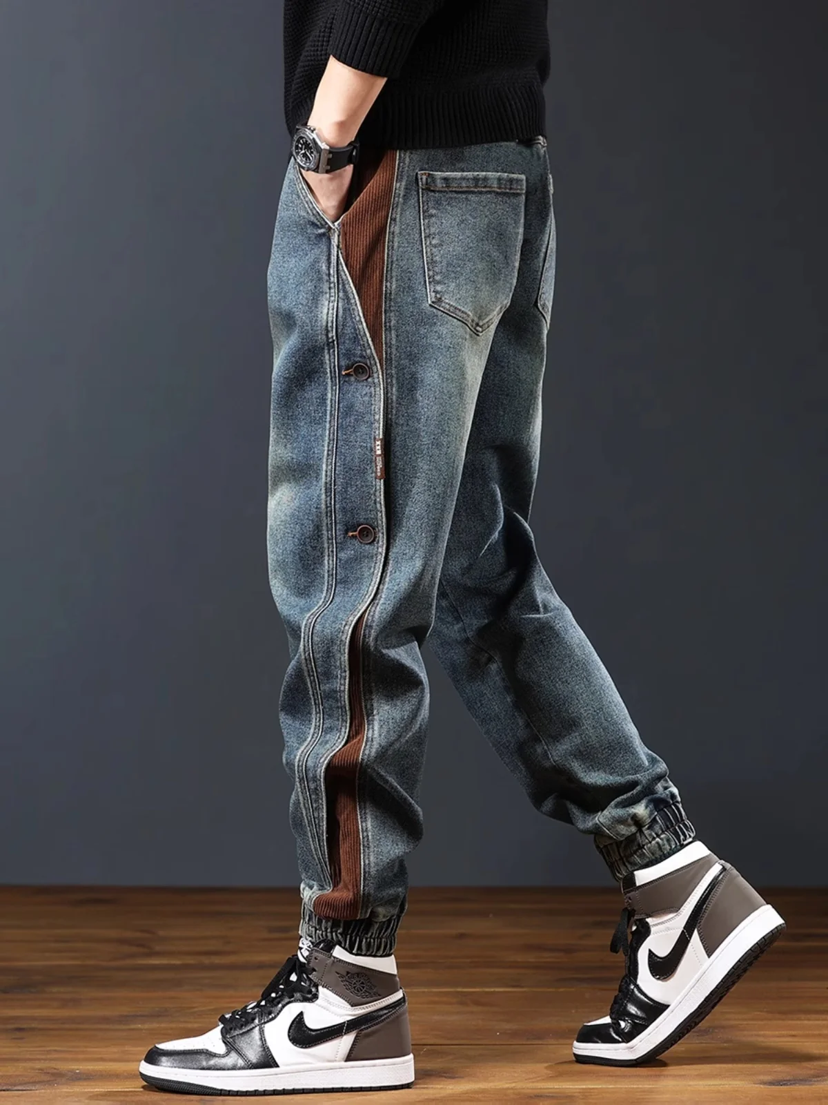 

Мужские джинсы большого размера в американском стиле, весенне-осенние, модные, свободные, повседневные, с манжетами, молодежные, длинные брюки