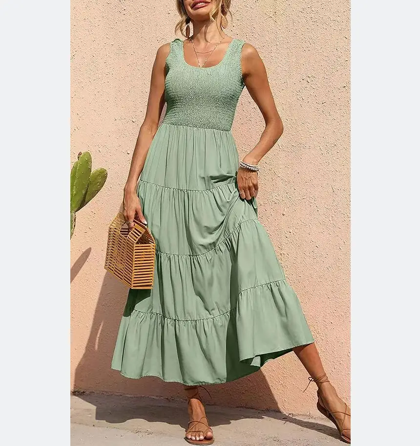 

Long Dress Pleated Elastic Bust Sleeveless Tunic Vest Skirt A Line Solid Color Women 2xl xl