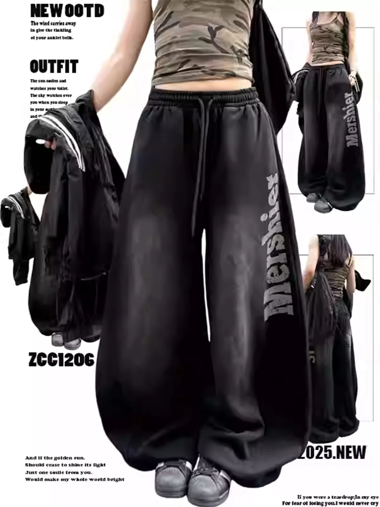 

Women Black Goth Sweatpants Baggy Pants Harajuku Letter Print Long Pants Japanese 2000s Style Y2k Emo Vintage Oversize Trousers