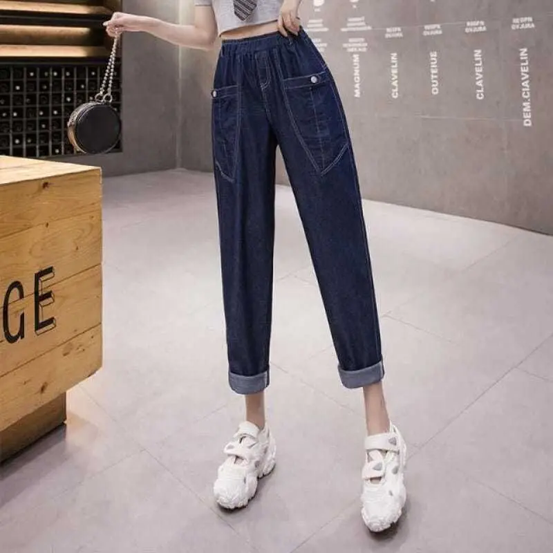 Celana panjang Denim wanita, celana Haren Jeans longgar mode musim semi musim gugur baru dengan pinggang elastis pertunjukan pinggang tinggi ayah tipis