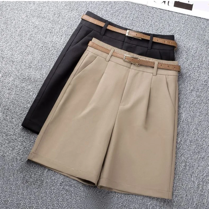 Khaki Casual Wide Leg Shorts Women Summer New Solid Loose Knee-Length Hot Pants Korean All-Match High Waist Suit Shorts Ladies