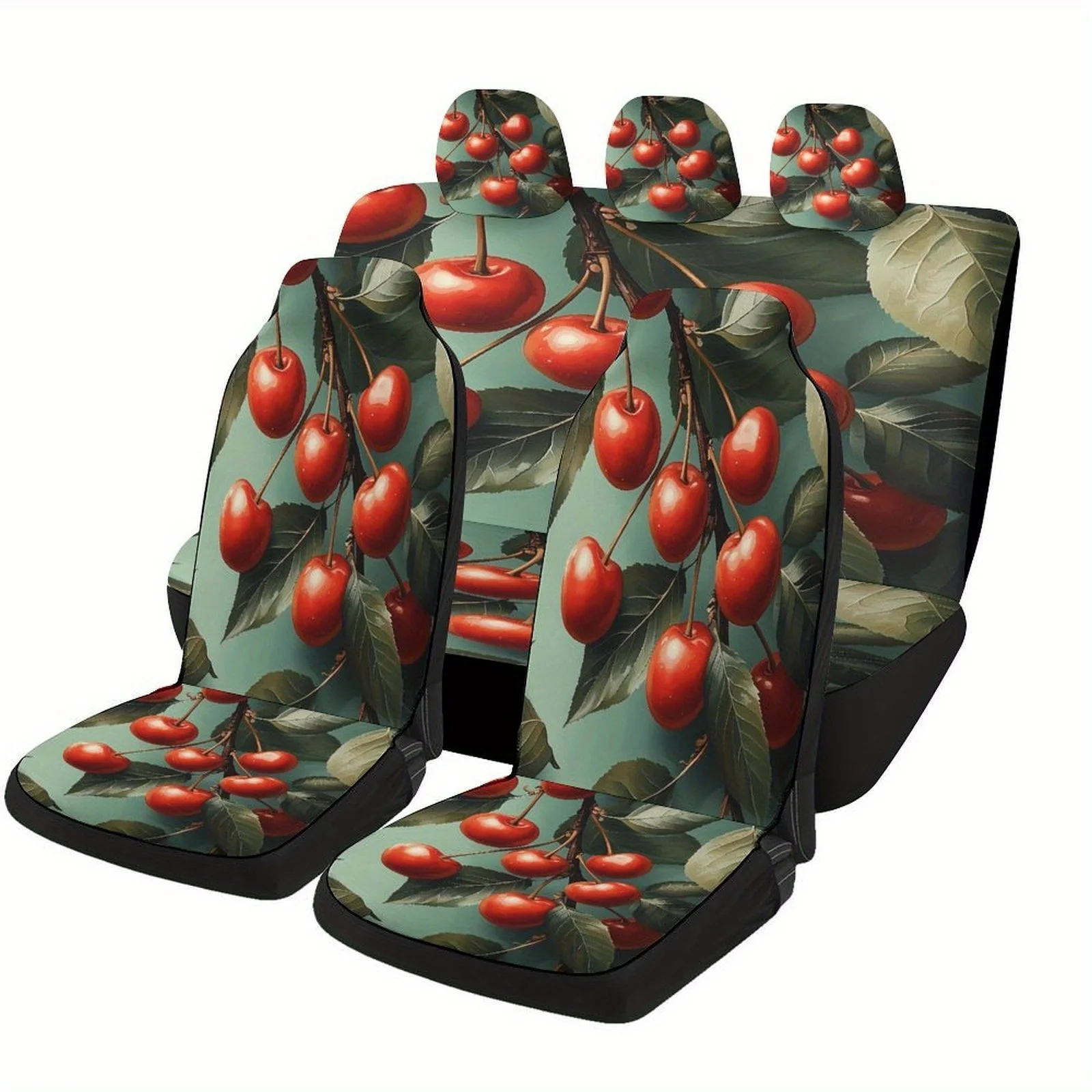 Set Of Car Seat Covers Featuring A Cherry Branch Design, Suitable For A Variety Of Vehicles. Stylish And Unique, This Complete S