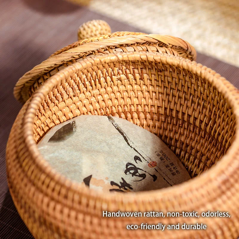 Handwoven Rattan Tea Storage Box With Lid Puer Tea Bag Organizer Green Tea Caddy Snack Canister Food Container Kongfu Tea Set