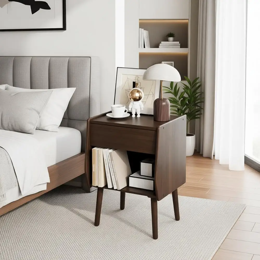 

Modern Walnut Nightstand with Open Shelf, Suitable for Small Spaces in Living Rooms and Bedrooms