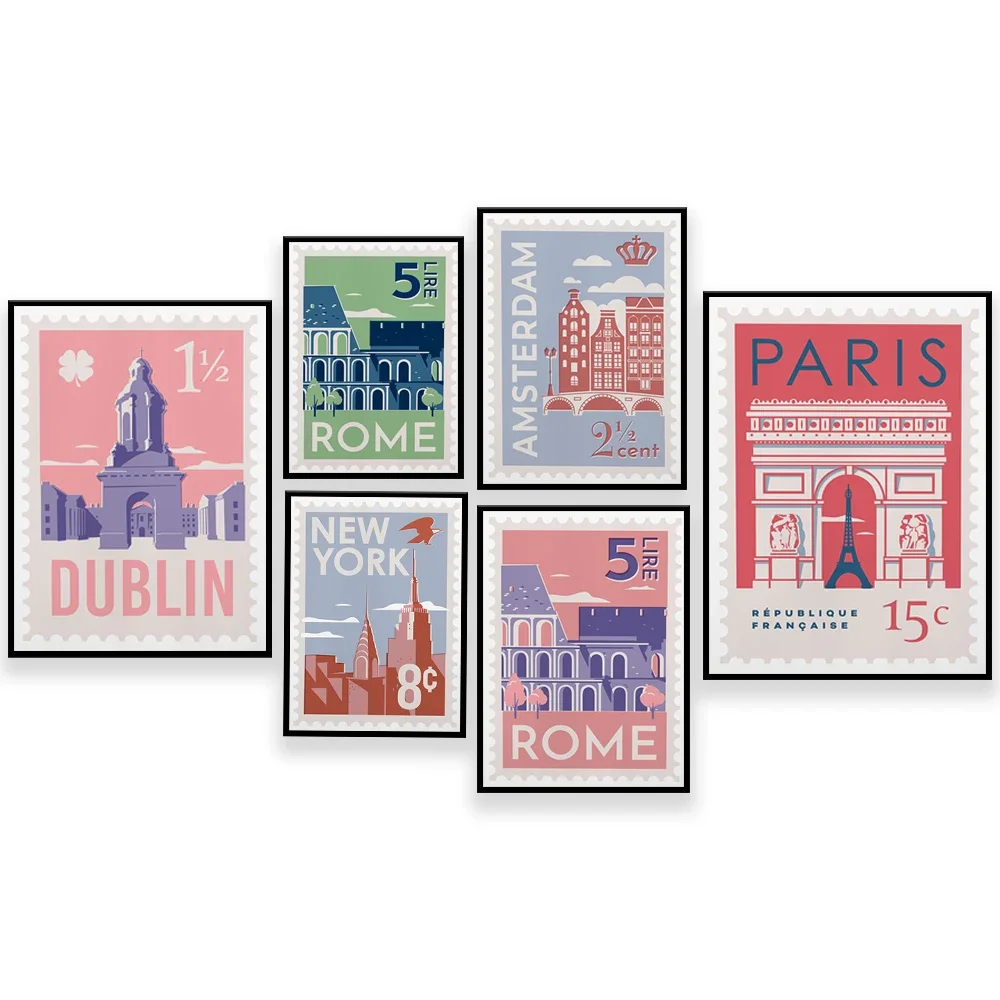 New York, Italy, Rome impressions, Paris, Dublin, Amsterdam impressions of city skylines mid-century city travel posters