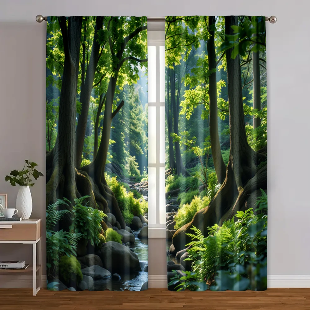 2pcs, Popular Curtain Panels Green Forest Print Versatile 100% Polyester (without rod) All Seasons Use for Kitchen Living Room