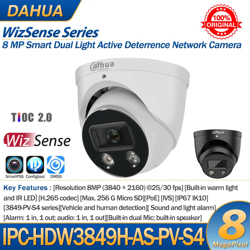 Dahua 8MP IP Camera IPC-HDW3849H-AS-PV S4 Series Dual Light Active Deterrence Fixed-focal WizSense Two-way Talk SD Card Slot