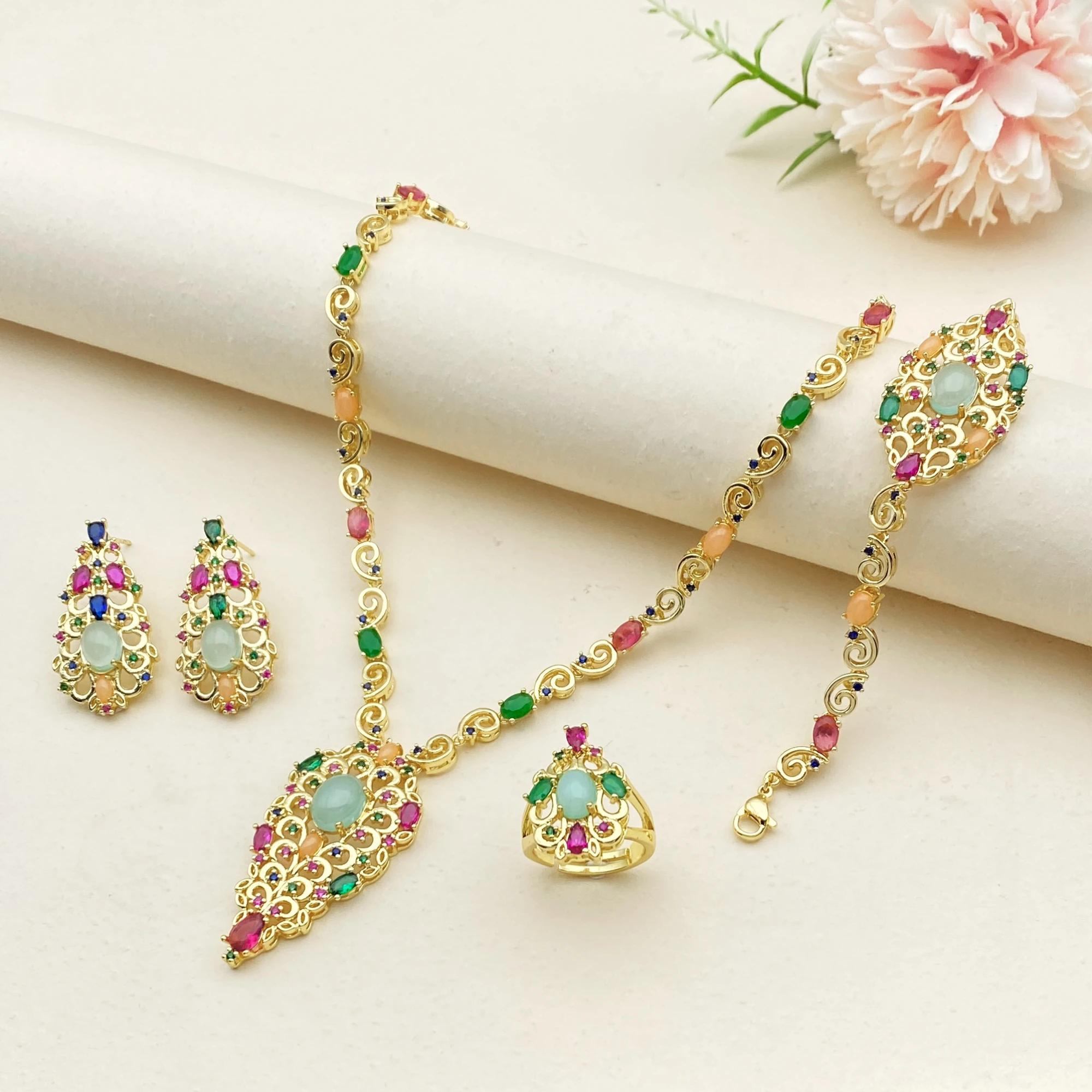

Flora Gift Gold Plated Copper Colorful Zirconia Jewelry Set for Women Party Band Ring Bracelet Necklace Earrings Ensemble
