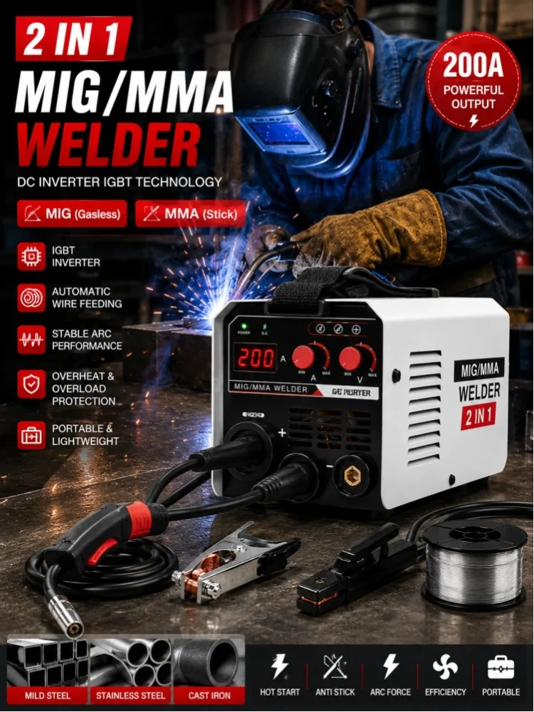 Spawarka 2-w-1 MIG i MMA, inwerter IGBT DC do spawania łukowego w osłonie gazowej z automatycznym podajnikiem drutu — 2