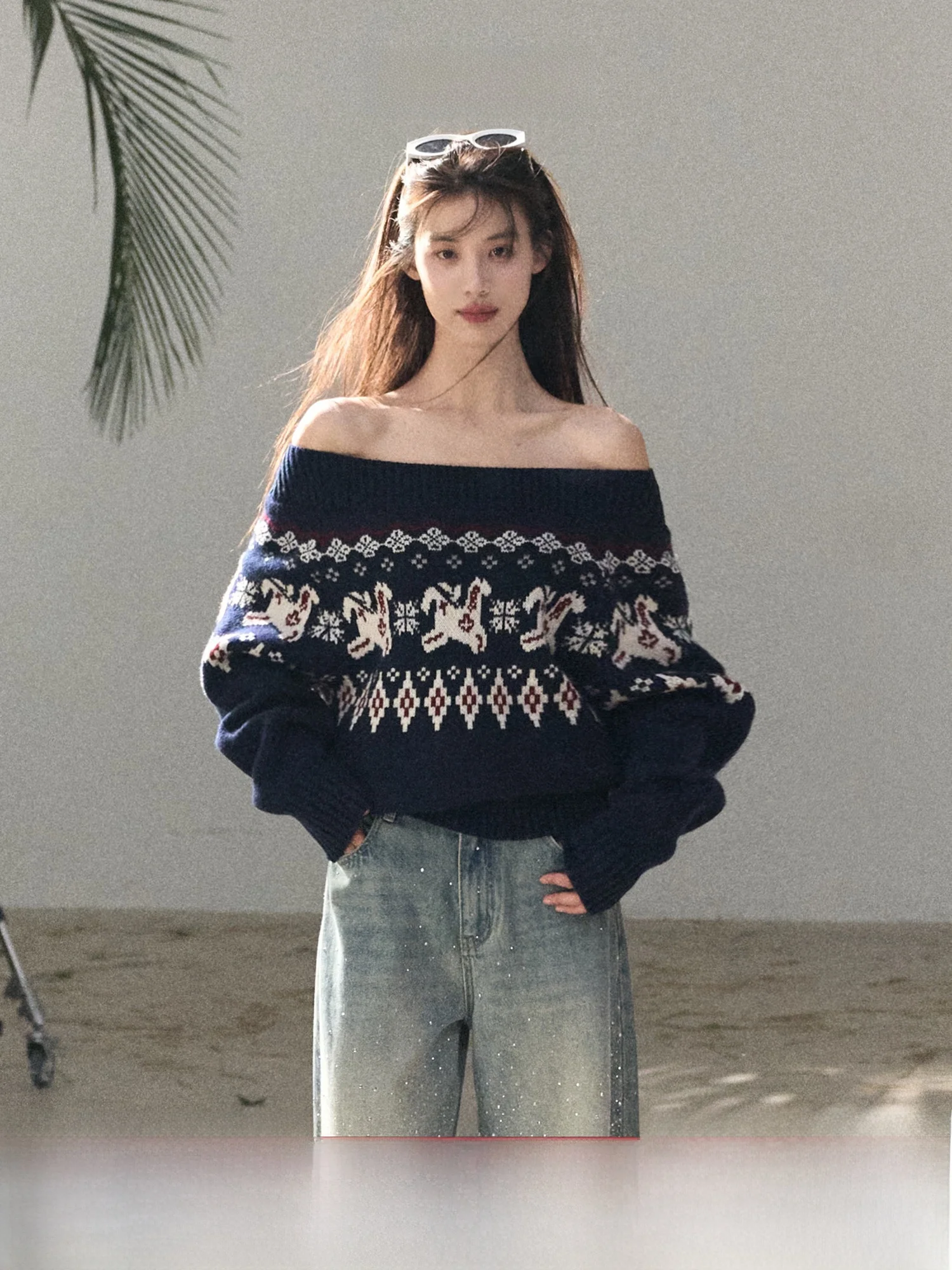 

OAKMOO oulder-baring Knitted Sweater Soft Woolen Girls Loose Fit One-piece Spring Season Long Sve oulder fiti Diary