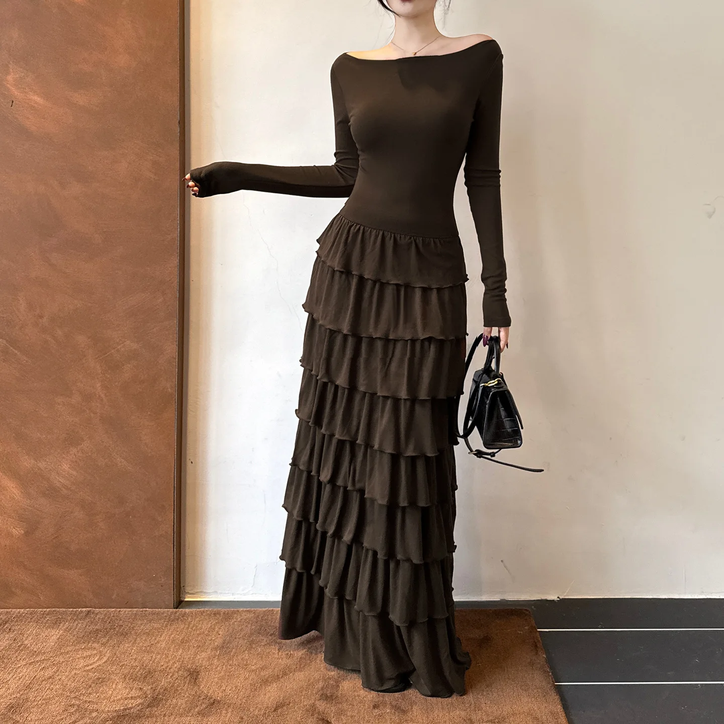 Francês elegante em camadas babados marrom manga longa vestido de noite feminino fora do ombro bolo puff vestido de festa de luxo vestidos de baile robe