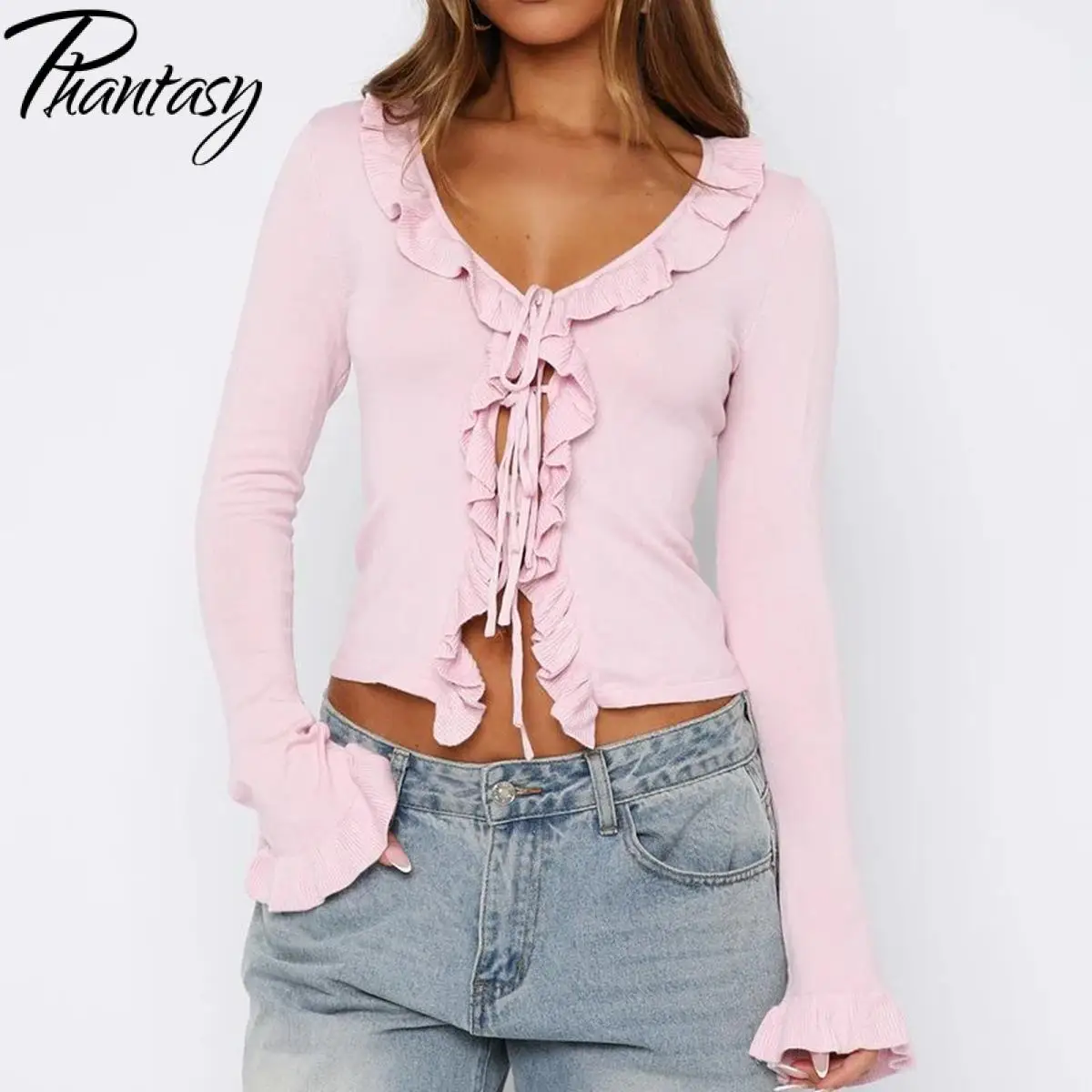 

Осенняя футболка Phantasy Y2K для горячих девушек с длинными рукавами и оборками, декор с v-образным вырезом, повседневная повседневная женская одежда на шнуровке, куртка, шерстяная одежда ﻿