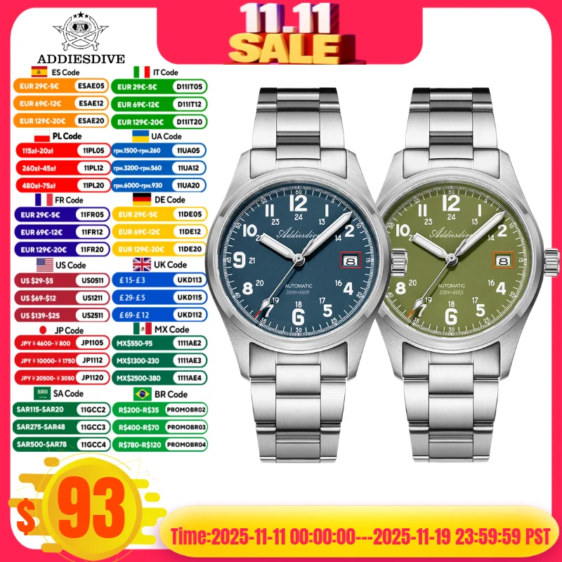 

ADDIESDIVE Men Watch Sapphire Glass BGW9 Super Luminous 20Bar Waterproof 316L Steel NH35A Vintage Automatic Mechanical Watch