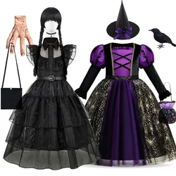 Halloween Costume Girls Addams Black Dress Kids Girl Witch Dresses Hats for Make up Party