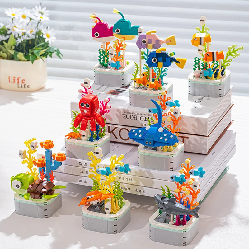 Ocean Potted Building Blocks Series Creative Expert Animal Fish Bonsai Model Bricks Home Decor Toys for Kids Christmas Gifts