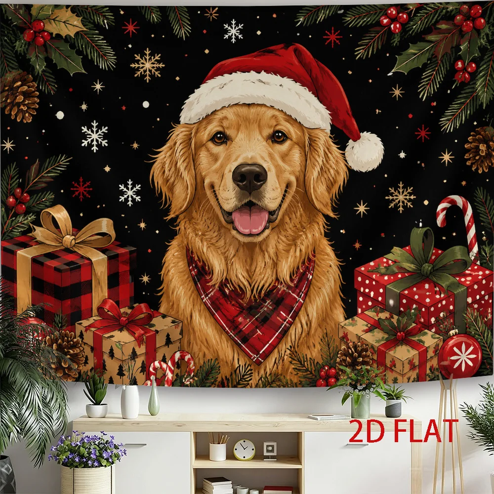 Golden Retriever Christmas Tapestry, Cute Dog Santa Hat Wall Hanging, Festive Pet Decor, Xmas Gift Box Art Cloth, Living Room