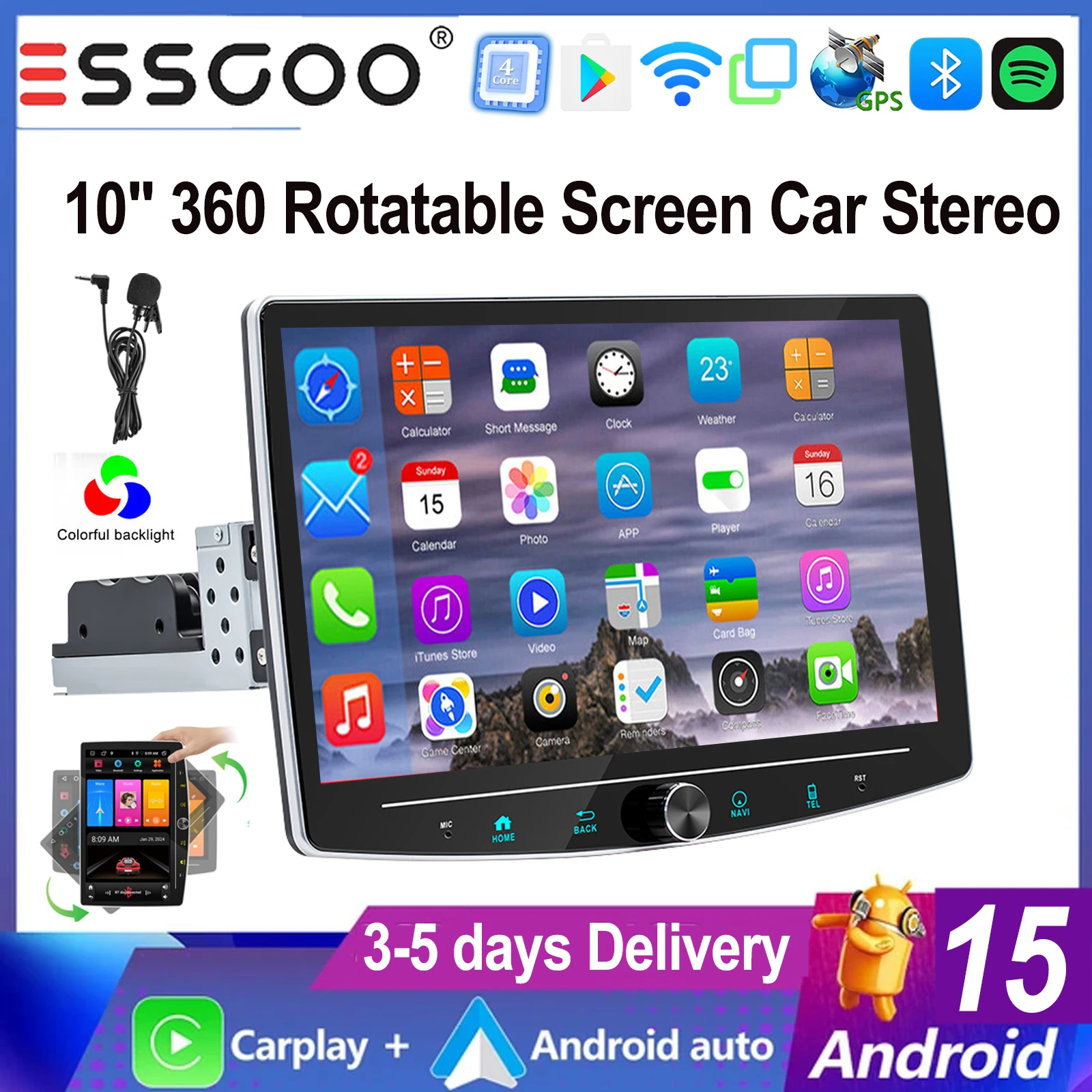 ESSGOO 10,1 Android 15 1 DIN Universale 360 °   Touchscreen ruotabile carplay MIC Android auto Autoradio Radio GPS NAVI BT WIFI FM