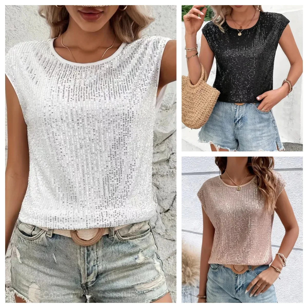 

Woman SexyShort Sleeve Glitter Sequin Crop Top Summer Sleeveless Shine T-shirts