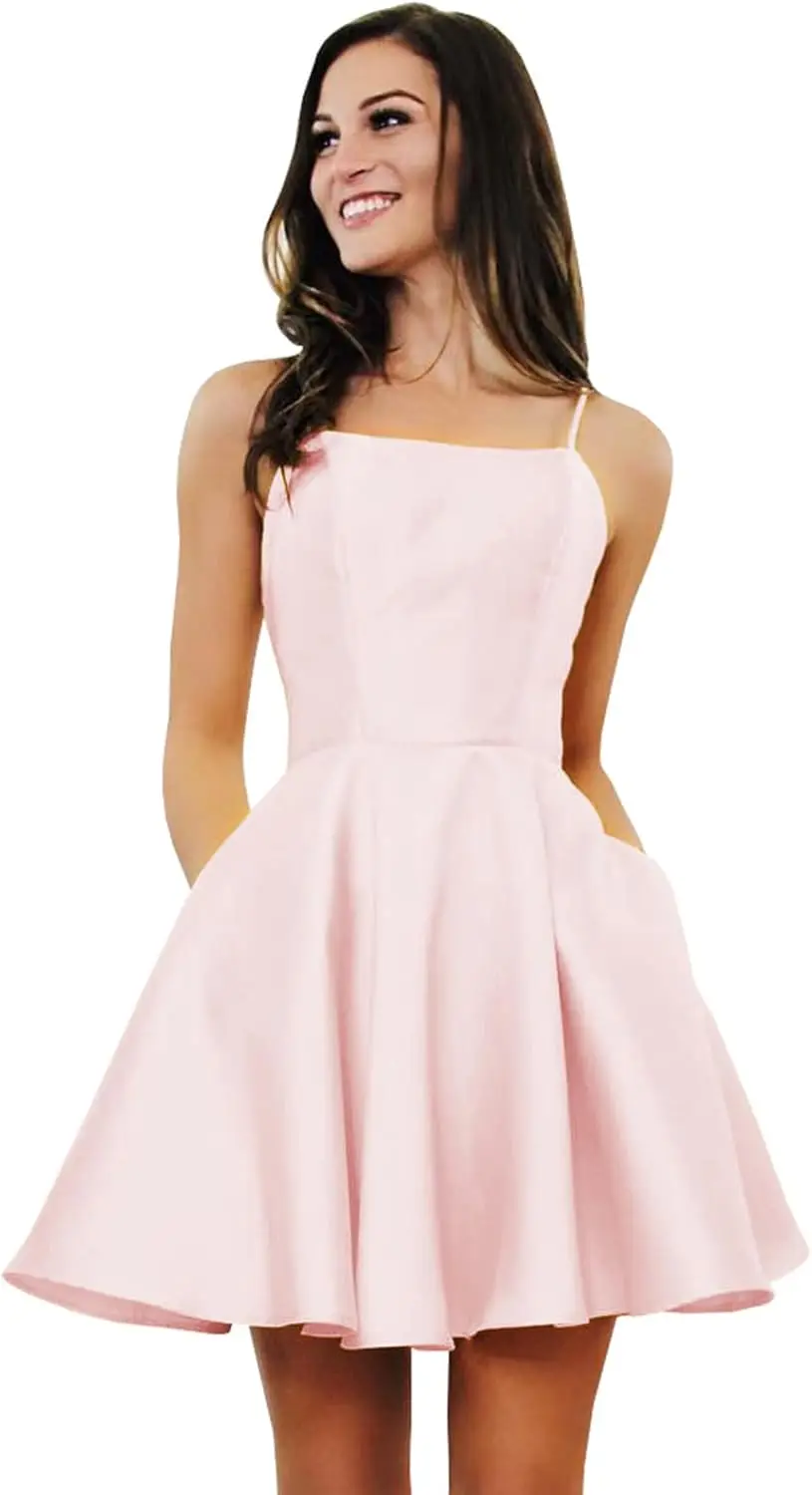 

Женское подростковое платье для школы, короткая юбка, атласное платье с карманами, танцевальное платье с бретельками на спине, тонкий плечевой ремень, официальная вечеринка для ужина