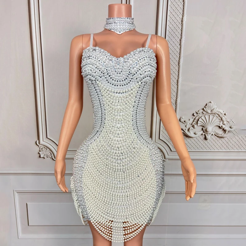 화이트 펄 라인스톤 이브닝 드레스 여성 파티 재즈 댄스 의상 무대 공연 의상 나이트클럽 바 페스티벌 의상 9692