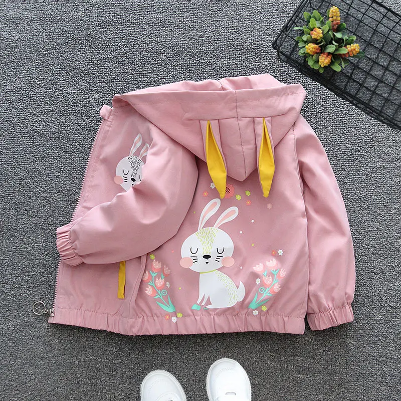 Children\'s Spring Cartoon Jacket Girls Cute Rabbit Ears Pattern Casual Coat Autumn Fashion Hooded Short Outerwear 9M-6Y