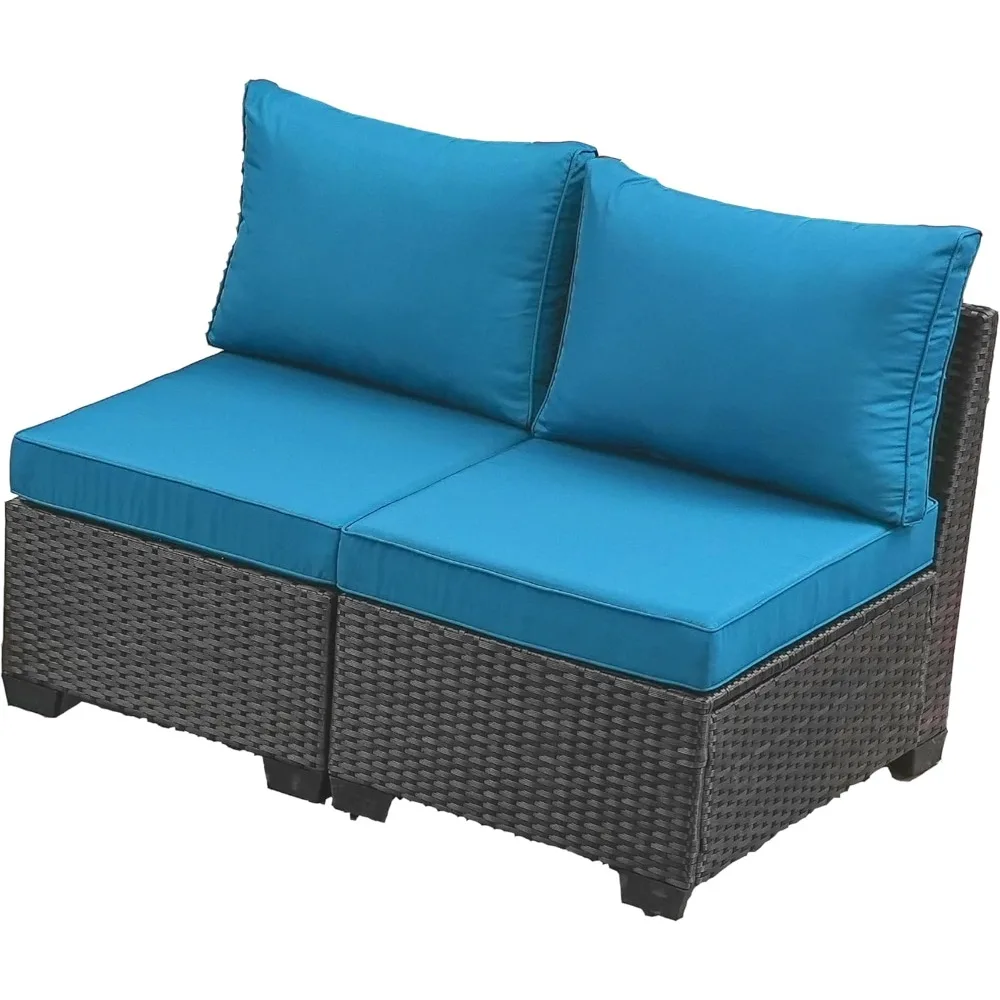 

2 Piece Outdoor Wicker Armless Sofa，Patio Rattan Sectional Sofa Set w/2 Thick Seat Cushions and 2 Back Cushions, Additional Love