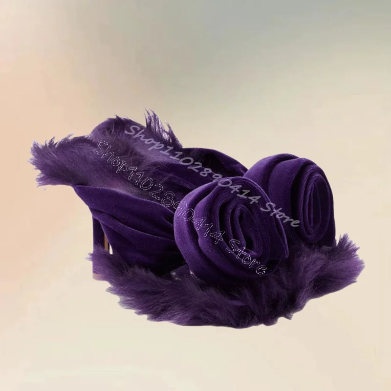 

Purple Fur Appliques Decor Open Toe Slippers Slip On Women Shoes Thin High Heels Fashion Party Banquet 2024 Zapatos Para Mujere