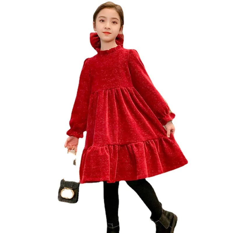 2023 autumn winter Kids Girls solid red glitter lace petal Princess layered Teens Dresses wool velvet Clothes New Year 4 12 year