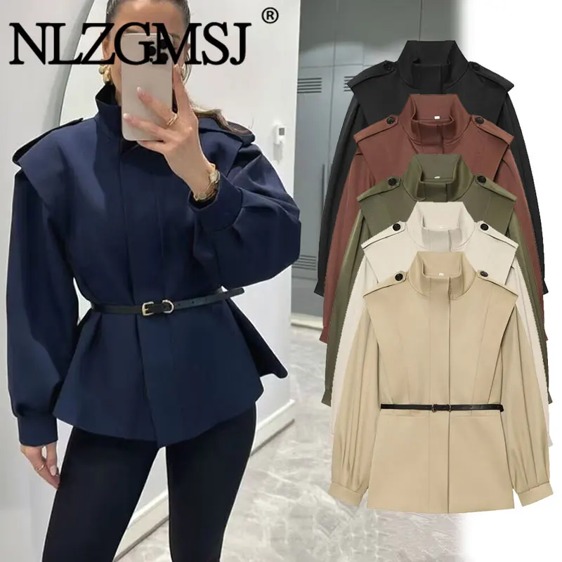 Nlzgmsj 2026 Autumn Women Stand Collar Epaulet Windbreaker Jacket With Belt Waist Cinched Outerwear Ladies Short Trench Coat