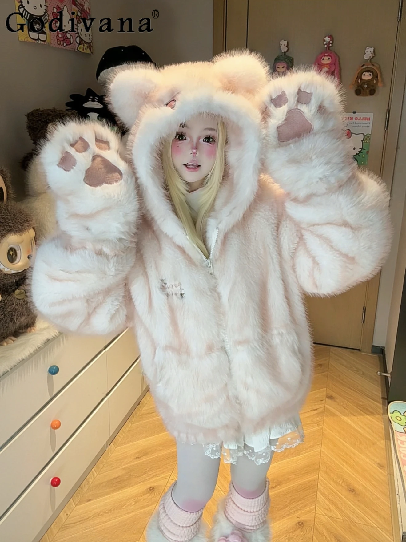 

Faux Fur Coat for Women Winter New Student Y2K Loose Slimming Plush Warm Thickened Fur Coat Student Kawaii Hooded Sweatshirt