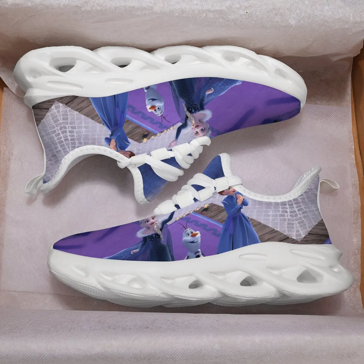 فروزن إلسا آنا أولاف للأطفال أحذية رياضية بيضاء مكتنزة ديزني كارتون فتاة الأميرة إلسا حذاء كاجوال أحذية غير قابلة للانزلاق وخفيفة الوزن