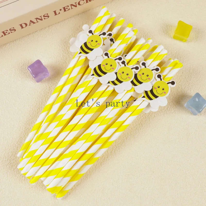 20Pcs Sweet Bee Theme Disposable Paper Straws Bar Drinking Straw Tableware for Kids Birthday Baby Shower Party Decorations