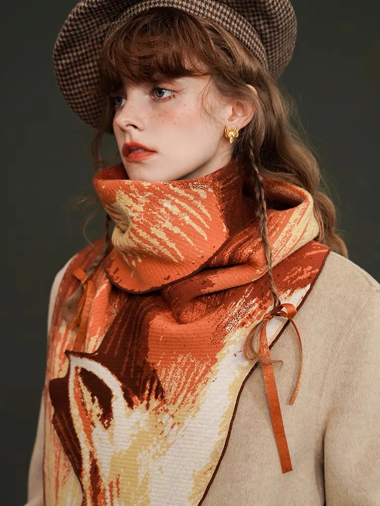 Spring Autumn Original Design Women Vintage Style Fox Warm Knitted Scarf