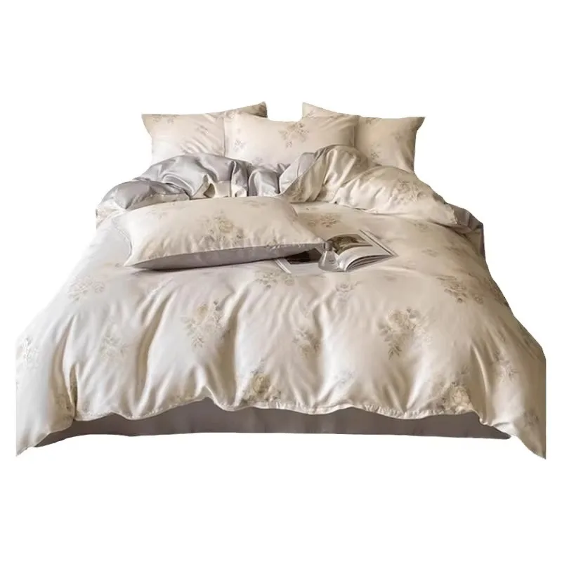 Four-Piece Set Naked Sleeping Ice Quilt Cover Three-Piece Set High-End Bedding Set Plants Flowers Pattern Skin-friendly