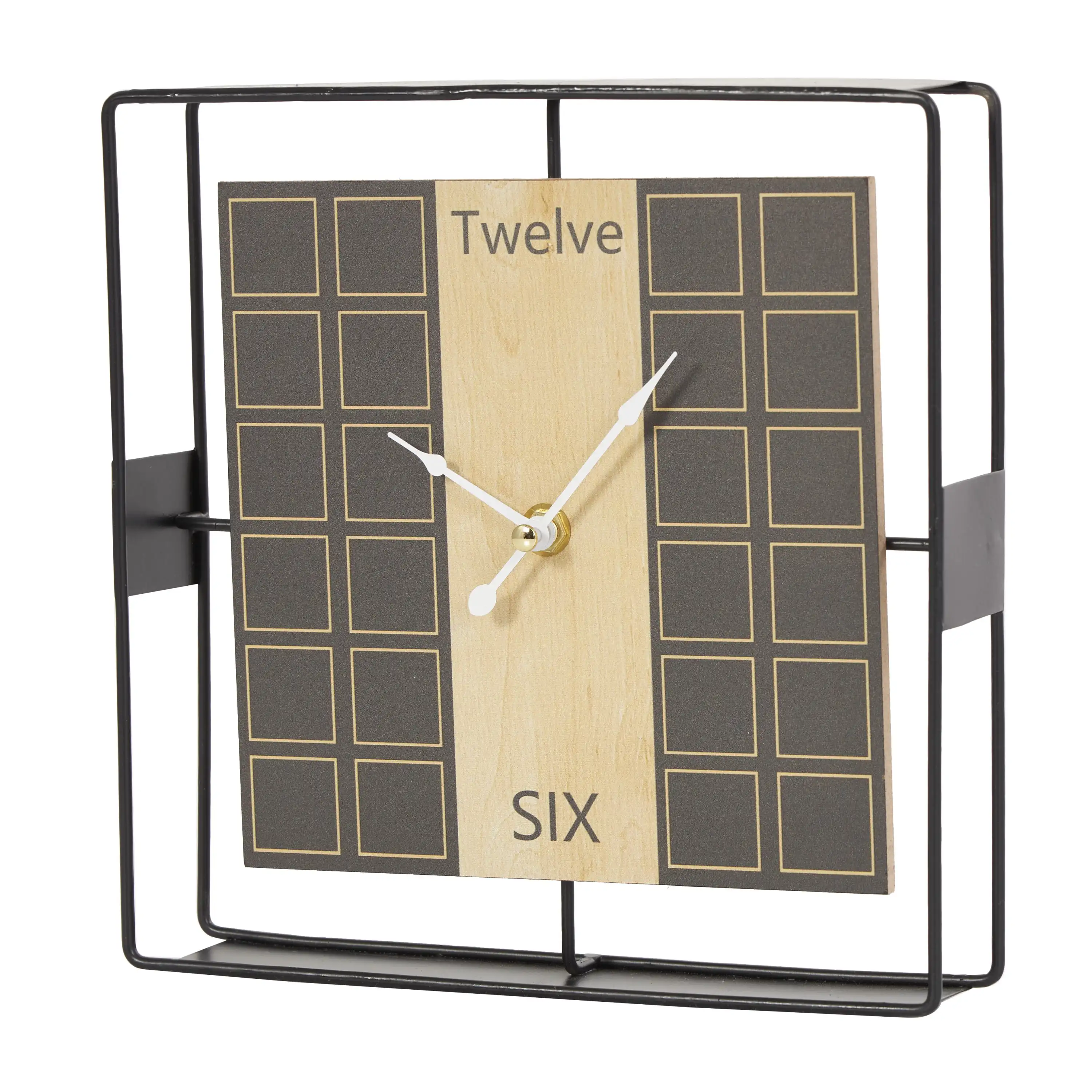 

9 Black Wooden Geometric Open Frame Square Clock with Grid Pattern