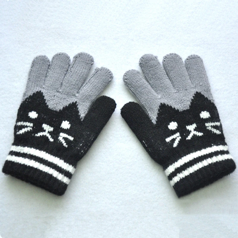 Cute 6-11Y Children Thickened Warm Gloves For Students Winter New Cat Knitted Mittens Outdoor Knitting Cycling Skiing Gloves