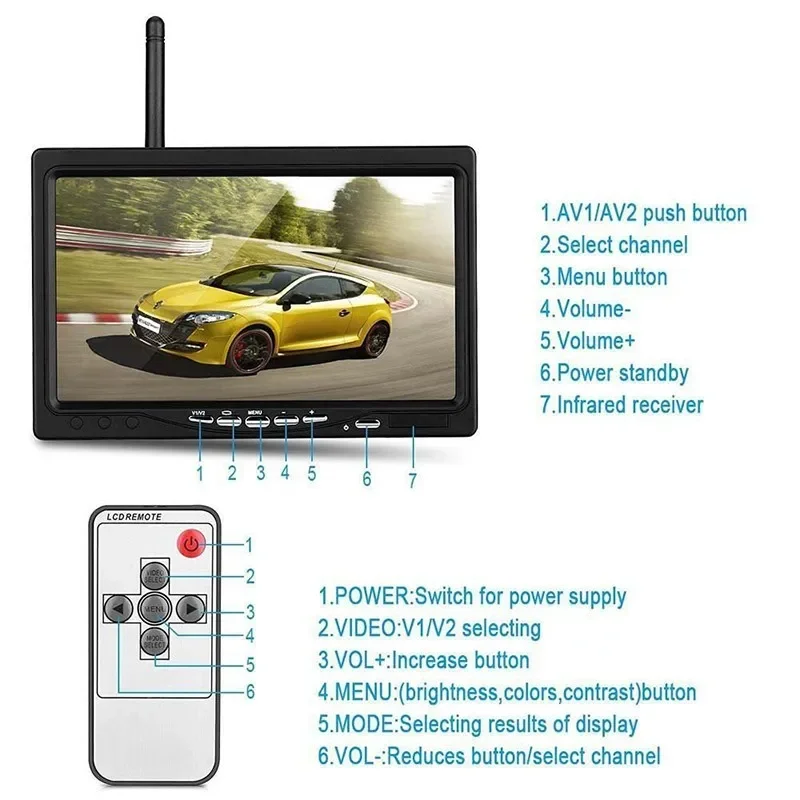 Vehicle Wireless Reverse Camera 7 inch LCD Monitor For Trucks Bus RV Trailer Excavator Car Monitor 12V-24V Rear View Camera