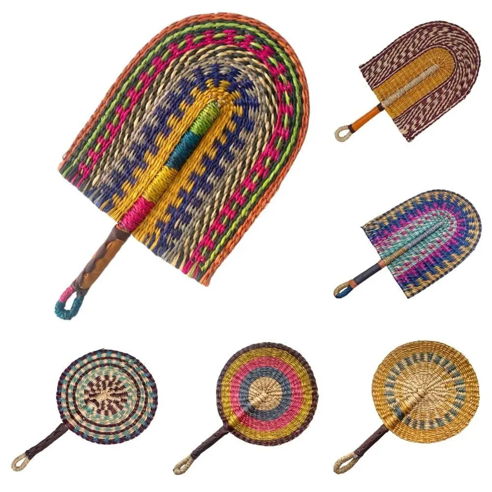 

Colorful Striped Patterns Seagrass Woven Fan Bohemian Anti-Mosquito Hand Braided Fan Vintage Decorative Handheld Fans Home Decor
