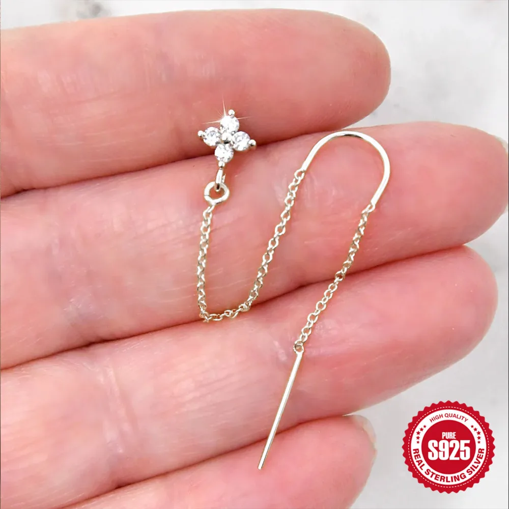 AIDE Single 925 Sterling Silver Ear Piercing Studs Long Chain Crystal Huggies Earrings for Women Female Trend Cartilage Brincos