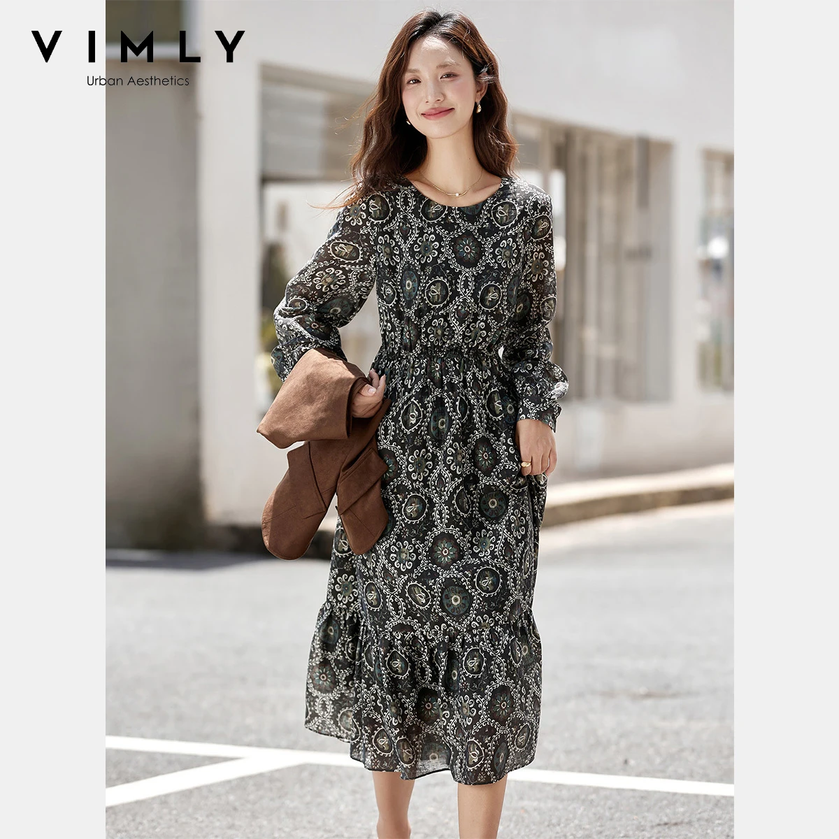 VIMLY trajes de vacaciones mujer 2025 nuevo vestido traje otoño Vintage marrón chaleco estampado Floral vestidos largos trajes de mujer A2936