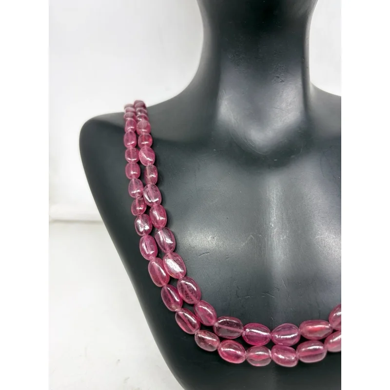 2-Line Ruby Oval Necklace 8-10mm Smooth Gemstone Beads Sterling Silver