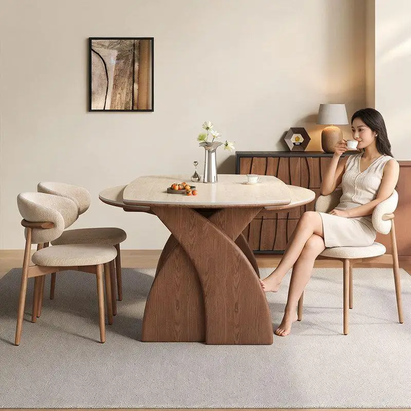 Solid wood folding dining table chair variable round table retractable household small apartment
