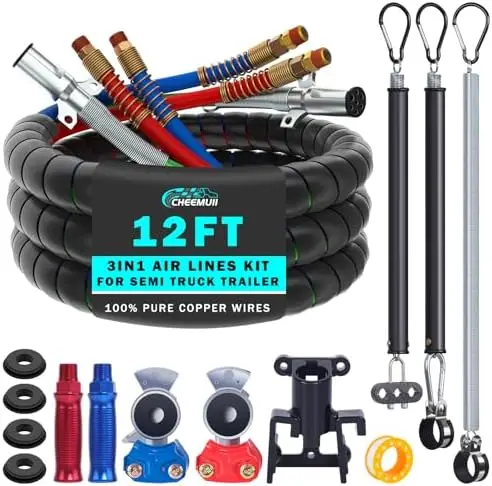 

CheeMuii 12FT Semi Truck Air Line Kit w/ Gladhand Holder & 7 Way Cord - Red/Blue Hoses