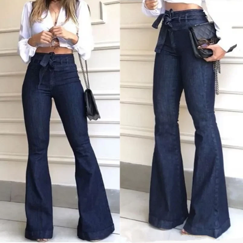 Jeans Women Denim Flare Pant Long Pants Straight Trousers Button Pocket High Waist Slim Fit Splice Casual Regular Autumn 2024