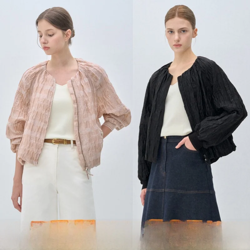 Sweet Pleated round Neck Commuter Jacket Self-Preserved Outerwear Short Top Women's Fashion Loose Fit Long Sleeve Zipper Closure