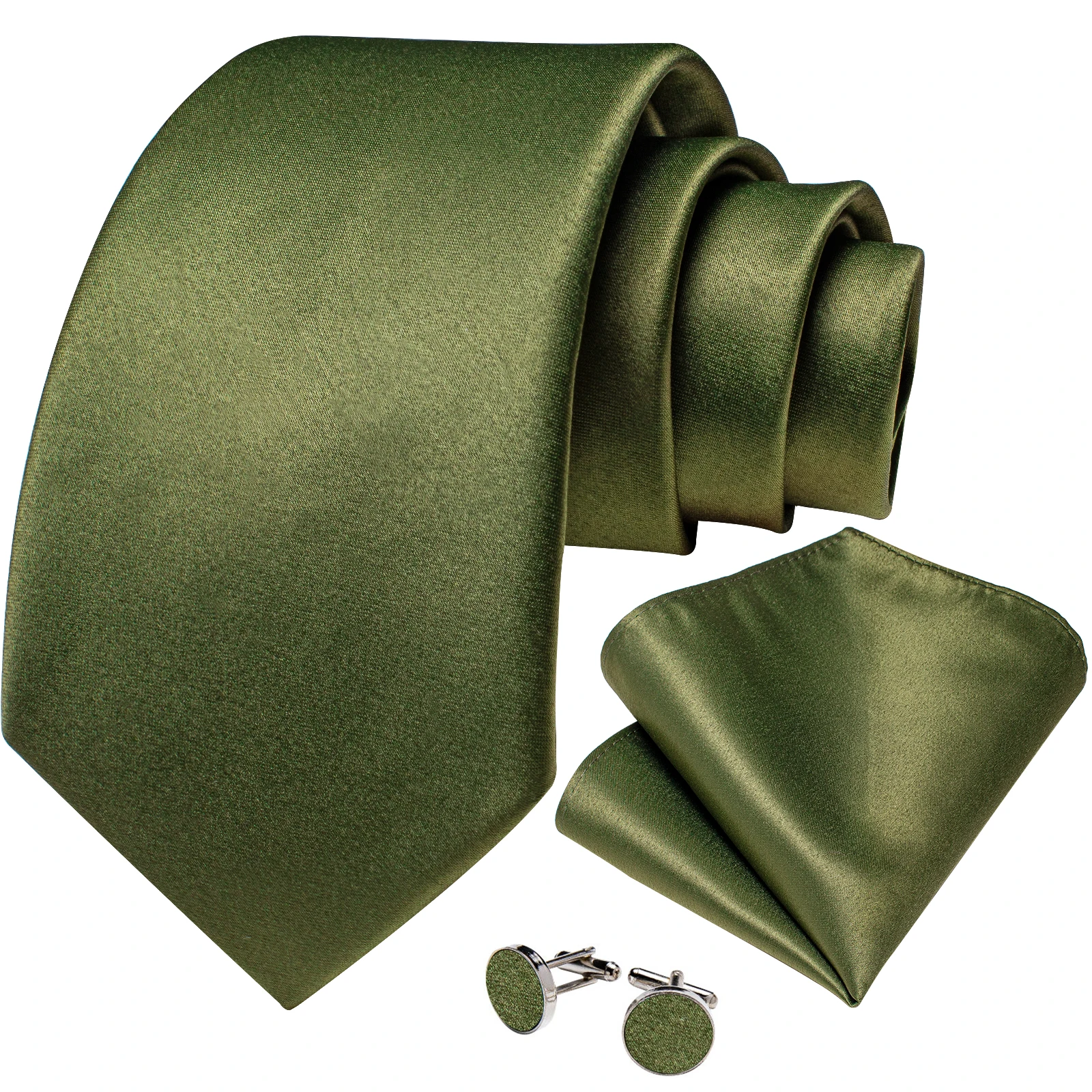 Olive Green Solid Ties for Men, Pocket Square Set